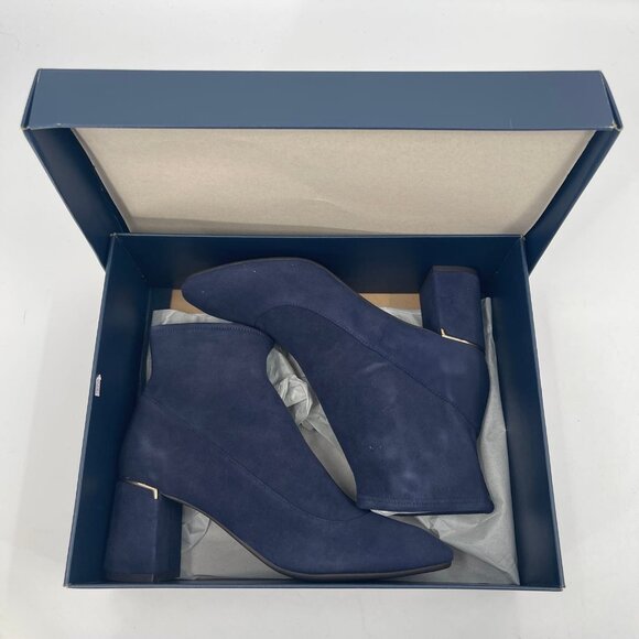 Cole Haan Blue Suede Stretch Booties | Almond Toe, Block Heel - Picture 3 of 9